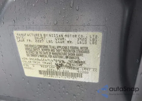 2007 Nissan Sentra 2.0 z USA, uszkodzony, nr VIN 3N1AB61E67L690929